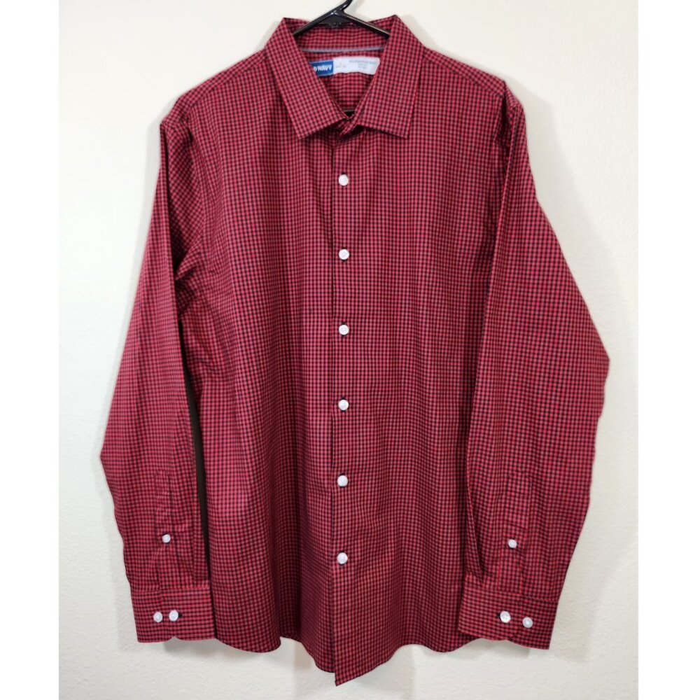 Old Navy Red Black Gingham Plaid LS Shirt Slim Lg
